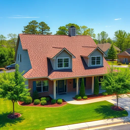 Finished residential roof with earthy asphalt shingles on modern Clay Alabama home, lush greenery and neighborhood background