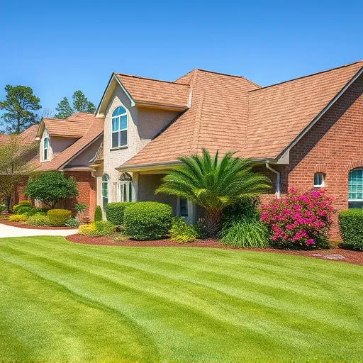Completed roofing project in Liberty Park AL with elegant earthy shingles and vibrant landscaping under clear blue sky.