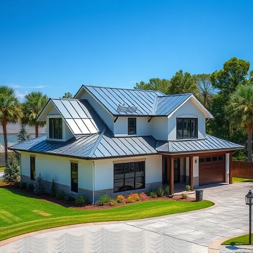 Newly installed reflective metal roof on modern home in Trussville Alabama with lush lawn and landscaped yard