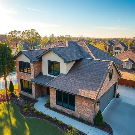Completed residential roof with earthy brown and gray shingles on a stylish home in Cahaba Heights AL with lush landscaping and neighborhood background