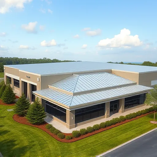 Finished modern commercial metal roof on a building in Trussville Alabama with precise lines and lush landscaping