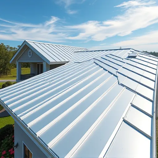 Newly installed metal roof on modern home in Trussville Alabama with seamless panels, lush landscaping, clear sky