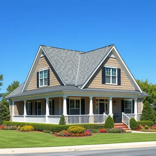 Elegant modern home in Irondale AL with a slate gray shingle roof surrounded by vibrant landscaping and blue sky.