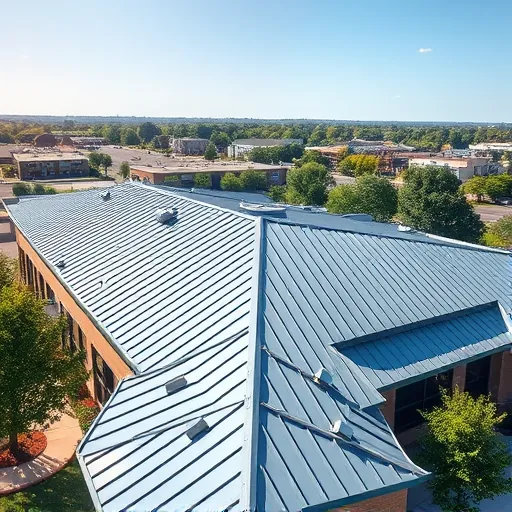 Modern commercial building in Trussville AL with freshly installed steel gray metal roof, lush landscaping, and clear blue sky