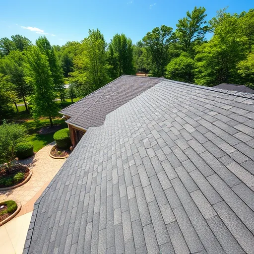 Newly completed residential roof in Center Point Alabama with asphalt shingles, lush trees, and a bright clear sky