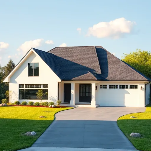 Finished roofing project in Fultondale AL features modern home with charcoal shingles, lush landscaping, and clear skies.