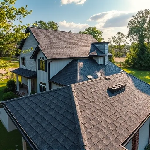 Newly installed dark gray asphalt shingle roof on stylish Roebuck Alabama home with detailed textures and surrounding greenery