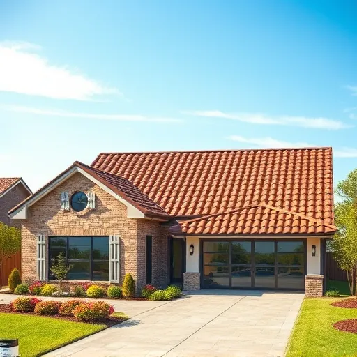Freshly completed modern home's tile roof with detailed clay or concrete tiles, lush landscaping, and clear blue sky