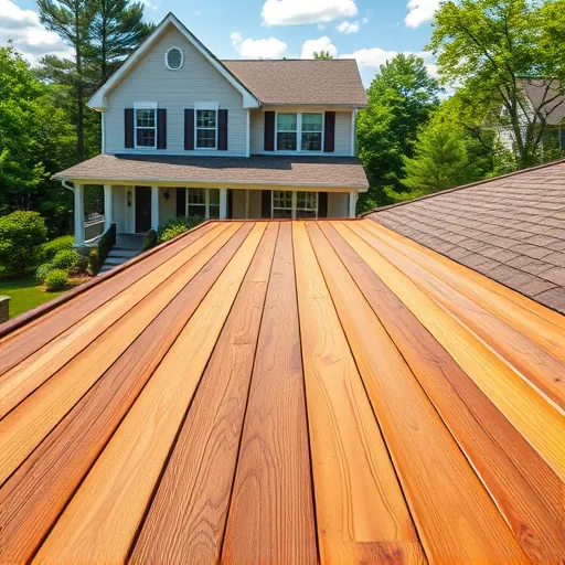 Freshly completed wooden roof decking installation on a modern home in Trussville Alabama with lush greenery and natural sunlight