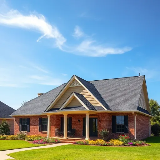 Completed roofing project in Hueytown AL featuring a charcoal asphalt roof, vibrant flowers, and clear blue skies.