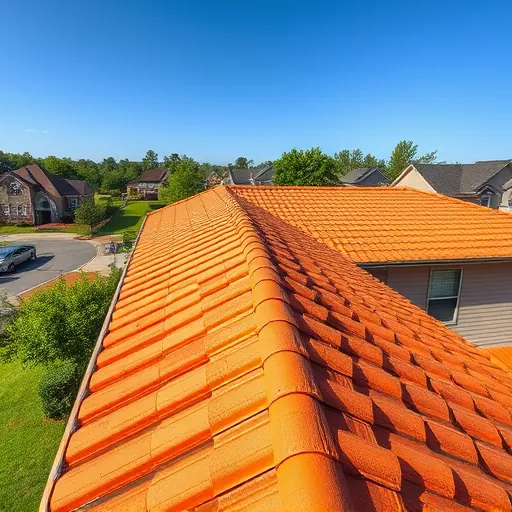 Freshly completed terracotta tile roof on modern home in Trussville Alabama with lush landscaping and clear blue sky