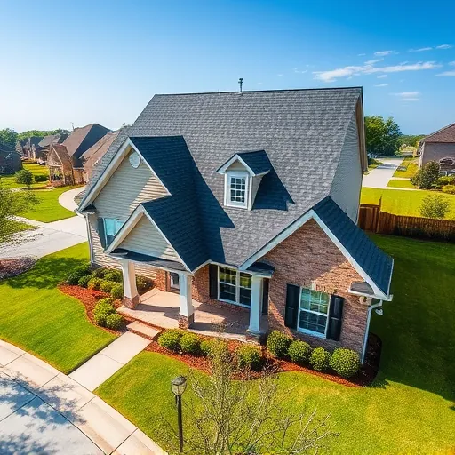 Finished roof replacement on a modern house with dark asphalt shingles in Trussville Alabama with lush yard and neighborhood scene