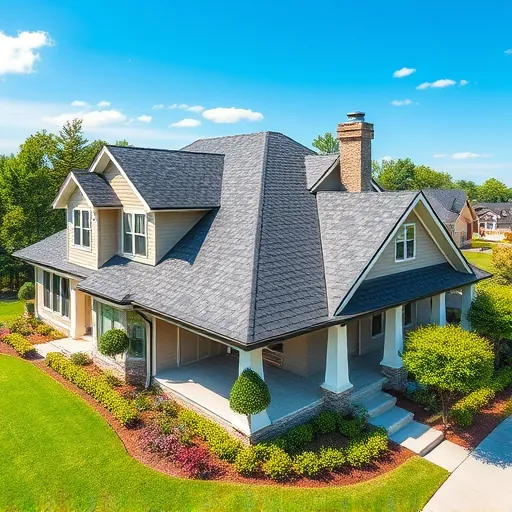 Freshly installed dark asphalt shingle roof on modern house in Vestavia Hills Alabama with dormers chimney lush landscaping and clear sky