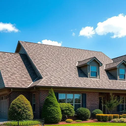 Completed shingle roof in Argo, AL with deep gray and brown tones under a clear blue sky and lush greenery.