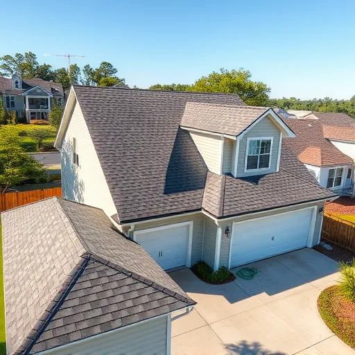 Residential roof with detailed asphalt shingles on modern suburban home in Hueytown Alabama with trees and manicured lawn