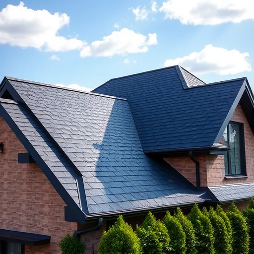 Completed asphalt shingle roof on modern home in Trussville AL, featuring dark charcoal and deep blue hues.