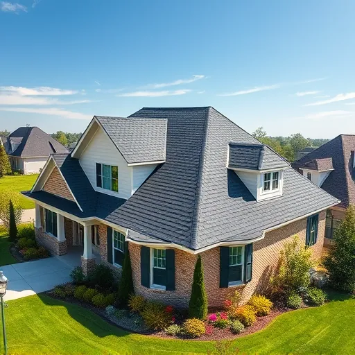 Newly completed charcoal gray asphalt shingle roof on elegant residential home in Greystone Alabama with lush lawn and sunny sky