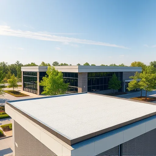 Completed flat roof installation on a modern commercial building in Trussville with detailed roofing textures and lush landscaping