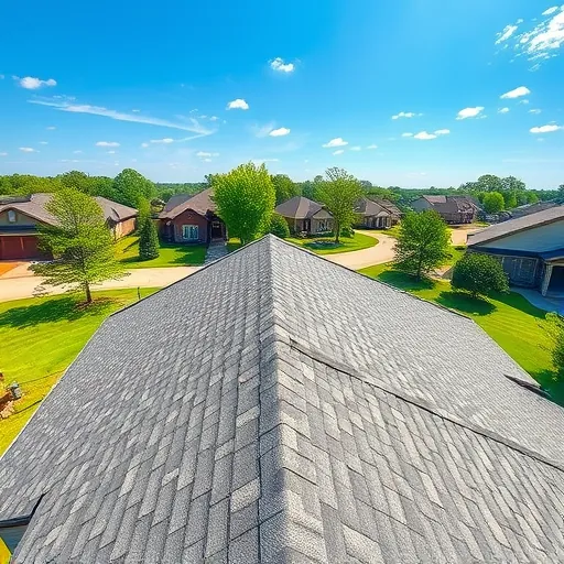 Completed residential roof in Chelsea Alabama with detailed shingles, clean lines, lush neighborhood, bright sky, showcasing craftsmanship