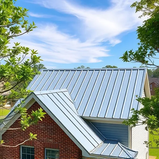 Newly installed metal roof with reflective steel panels on a modern house in Trussville Alabama with lush landscape