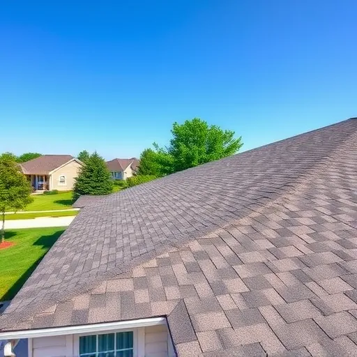 Completed residential roof in Forestdale AL with detailed shingles, neat gutters, lush neighborhood, and sunny sky