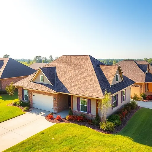 Freshly completed residential roof with earthy asphalt shingles on a suburban home in Lake Purdy Alabama with landscaped yard and neighboring houses
