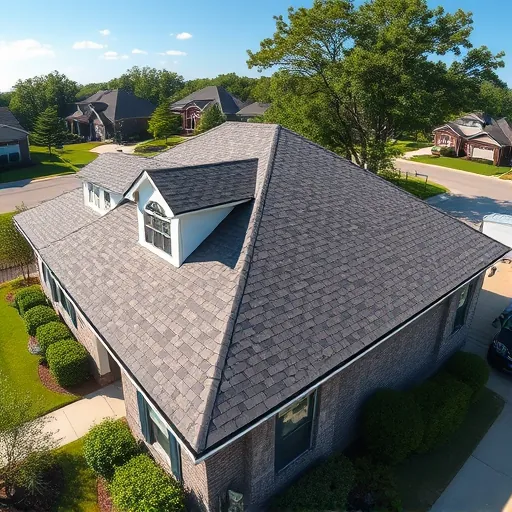 Freshly installed residential asphalt shingle roof in Meadowbrook Alabama with a modern gable design, lush lawns, and a clear blue sky