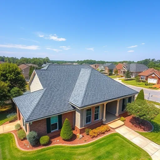 Newly completed residential roof in Gardendale Alabama with deep gray and slate blue asphalt shingles in a sunny suburban setting
