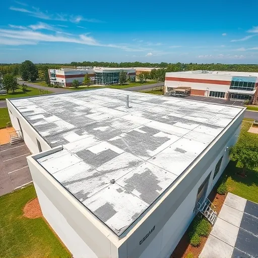 Recently completed commercial roof repair on modern industrial building in Trussville Alabama with detailed durable roofing surface and clear sky