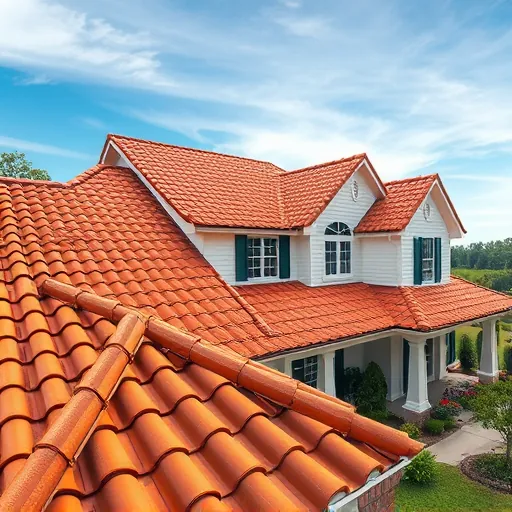 Freshly replaced vibrant clay tile roof on charming Alabama home with white siding, lush landscaping, and a sunny blue sky