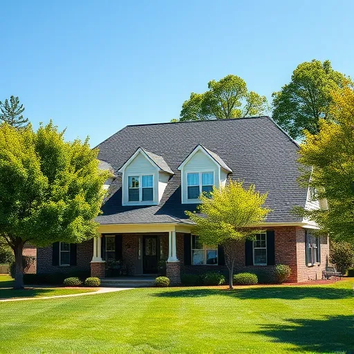 Completed roofing project in Pleasant Grove AL showcasing a modern home with dark shingles, green trees, and clear blue sky.
