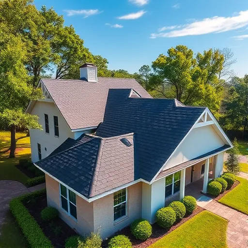 Finished residential roof with dark asphalt shingles on a modern home in Meadowbrook Alabama, surrounded by greenery