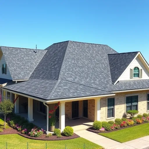 Completed roofing project in Fultondale, AL with shiny charcoal shingles, landscaping, and clear blue sky.
