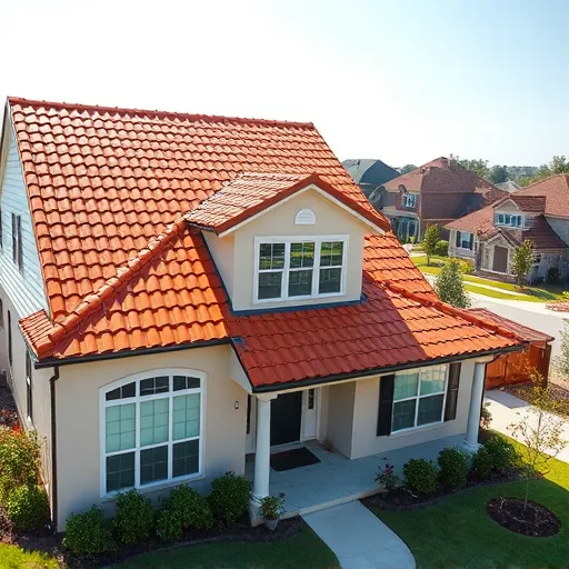 Completed terracotta tile roof on modern suburban home in Trussville AL with lush lawns and bright sky
