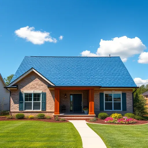 Completed residential roofing project in Liberty Park AL featuring vibrant blue shingles, manicured lawn, and flower beds.