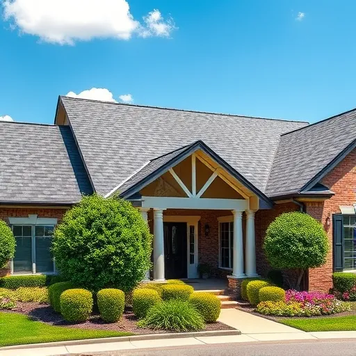 Completed roofing project in Springville AL features a traditional home with dark gray shingles and vibrant landscaping.