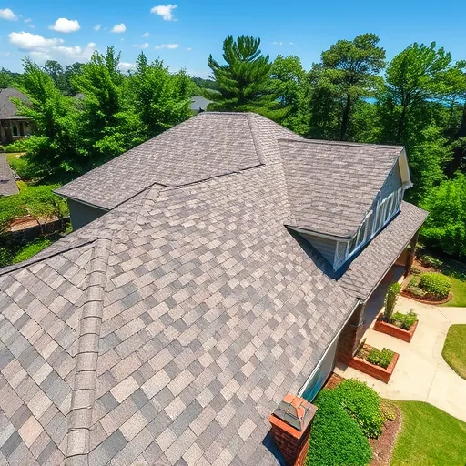 Completed residential roof with gray and brown shingles, detailed craftsmanship, and a sunny, lush suburban setting