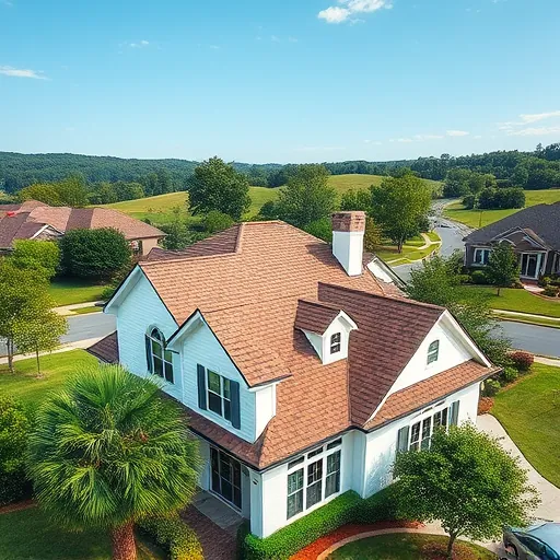Finished residential roof with earthy asphalt shingles on a suburban home in Mountain Brook Alabama, lush greenery and clear sky
