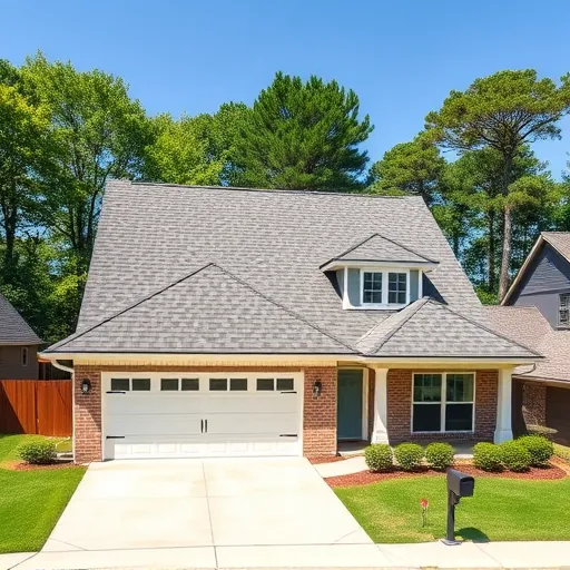 Freshly installed suburban roof with durable shingles, lush greenery, and clear blue sky in Bessemer Alabama