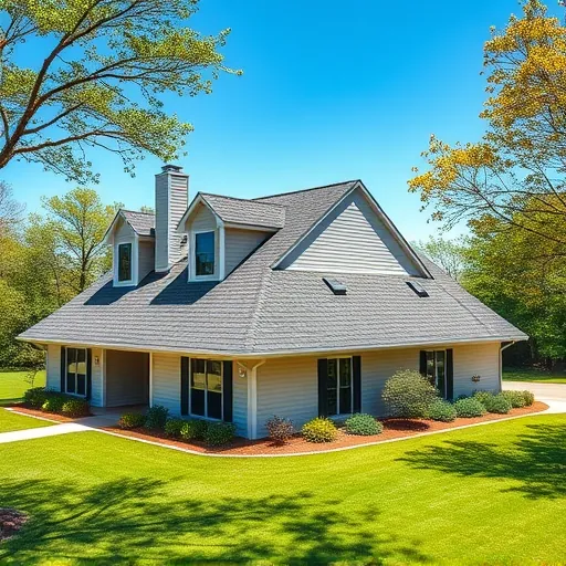 New residential asphalt shingle roof with dormers, chimney, lush lawn, mature trees, and blue sky in Remlap Alabama