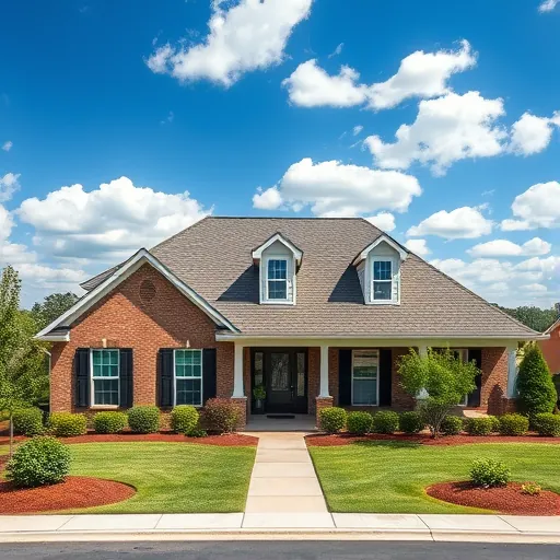 Completed roofing project in Springville AL with modern design, quality shingles, and lush landscaping under clear sky.