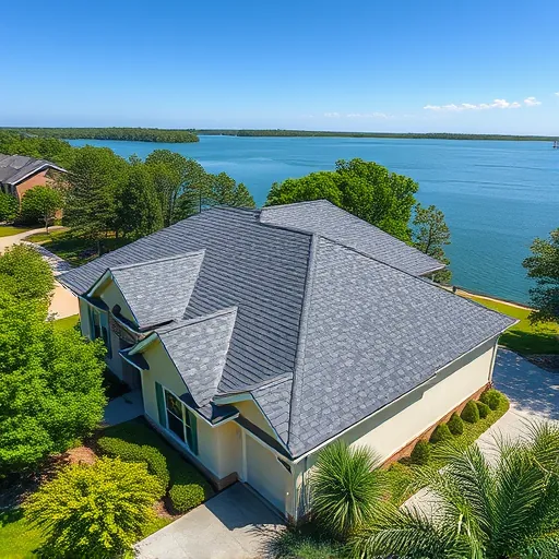 New asphalt shingle roof installation on a modern home in Lake Purdy AL with lush greenery and a serene lake backdrop.