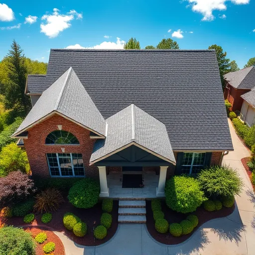 Aerial view of a completed roofing project in Greystone, AL, showcasing a dark grey shingle roof and lush landscaping.