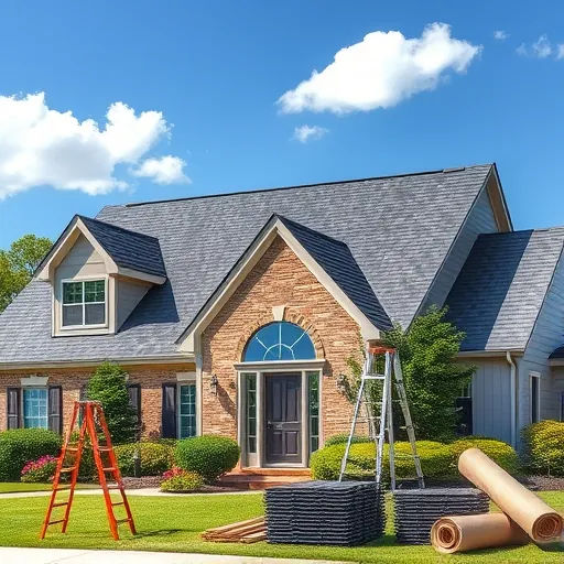 Completed roofing project in Pleasant Grove AL featuring charcoal gray shingles, lush greenery, and organized materials.