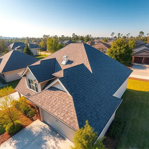 Completed residential roof with asphalt shingles in shades of gray and brown on a suburban house with lush lawn and blue sky