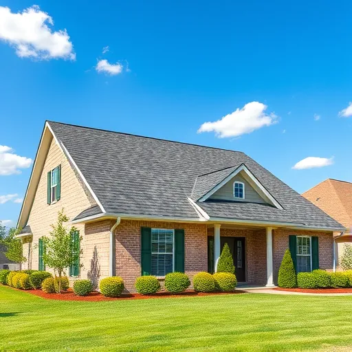 Completed asphalt shingle roofing project in Pelham AL on a modern home with vibrant landscaping and clear blue sky.
