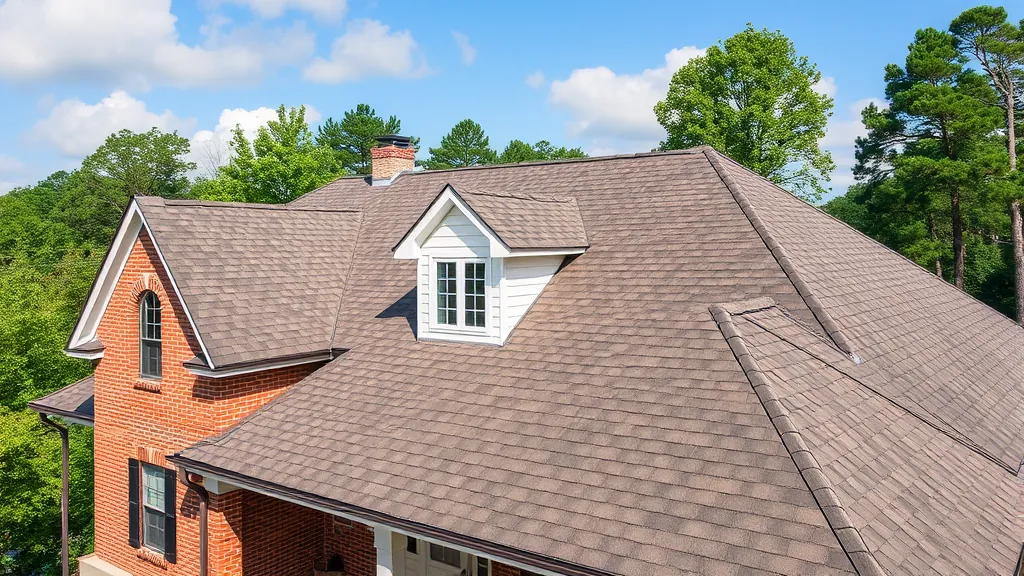 Roofing in Birmingham, AL featuring a modern home with a new shingle roof and clear blue sky.