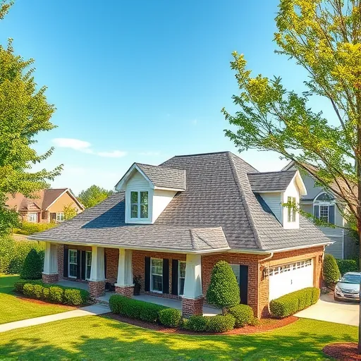 Newly replaced asphalt shingle roof on modern suburban home in Trussville Alabama with lush landscaping and clear skies