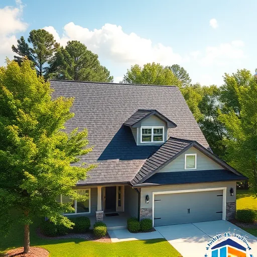 Newly completed asphalt shingle roof on modern suburban home in Roebuck Alabama with lush landscaping and bright sky