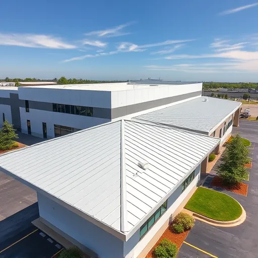 Completed commercial metal roof on modern industrial building in Trussville Alabama with detailed craftsmanship and surrounding landscaped area
